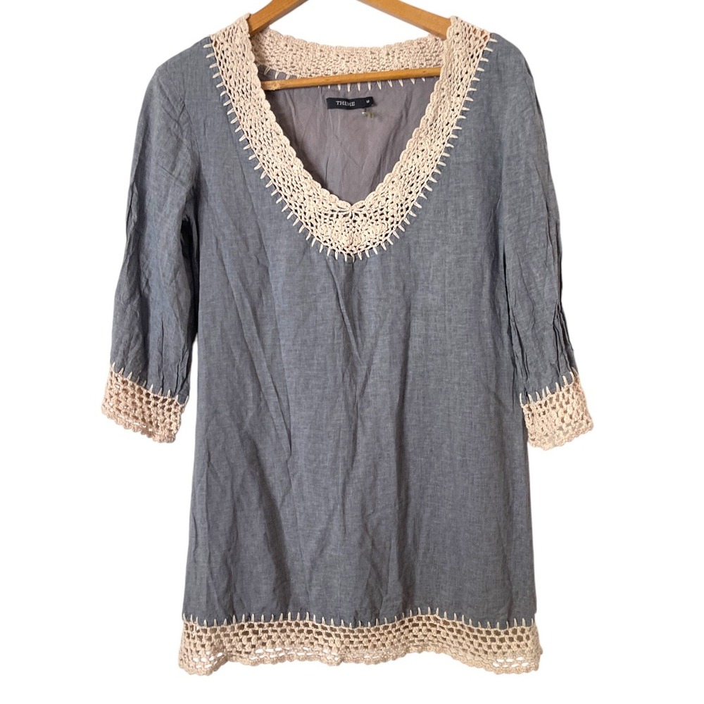 Theme Blue Grey 100% Linen Tunic
With‎ Crocheted Trim 3/4 Sleeve M